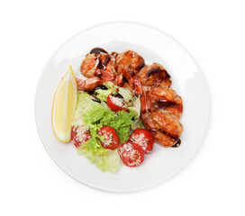 Tasty grilled shrimps with salad isolated on white, top view. Delicious seafood dish