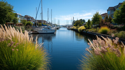 Fototapeta premium Eco-friendly marina with electric yachts, wooden docks, and native shoreline plants, climate change mitigation, environmental policies supporting sustainable tourism, green harbor