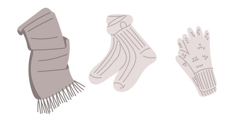 Hand drawn vector illustration of winter accessories including scarf, socks and gloves. Concept of cozy clothing, warmth and seasonal fashion essentials