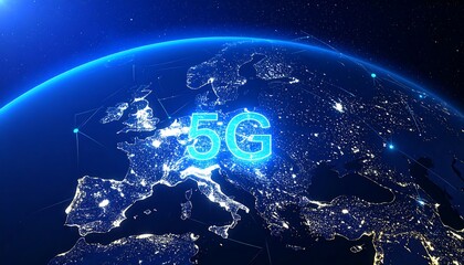 Conceptual illustration of a globe showcasing 5G technology connectivity across Europe, with illuminated city lights