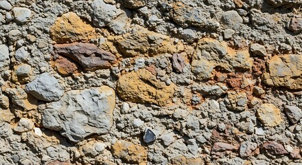 Close-up of a wall constructed from varied stone, featuring different shapes, colors, and textures
