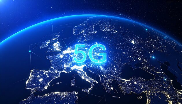 Conceptual illustration of a globe showcasing 5G technology connectivity across Europe, with illuminated city lights