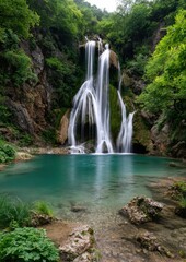 Obraz premium Serene long exposure shot of a beautiful waterfall cascading into a vibrant turquoise pool surrounded by lush greenery.