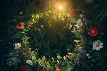 Floral Frame with Wildflowers and Sunlight Copy Space