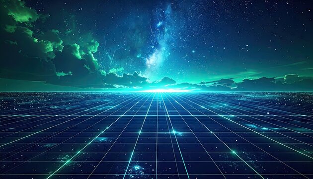 Futuristic gridded landscape under a vibrant night sky