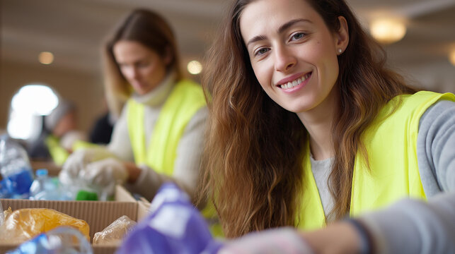 Recycling drive with community volunteers sorting plastics, paper, and glass in a community center, climate change action, environmental policies enforcing eco-friendly sustainabil - Powered by Adobe