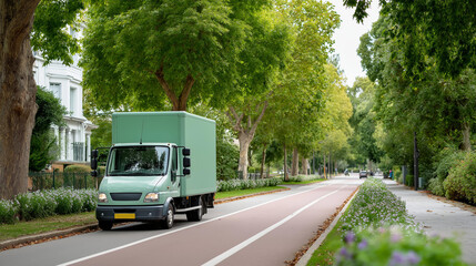 Obraz premium Electric delivery truck in a green suburb with tree-lined paths and bike lanes, climate change mitigation, environmental policies advancing sustainable transport, eco-friendly deli