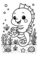 Cute seahorse watering plants underwater with a watering can vector art