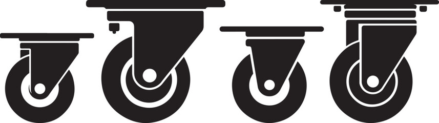 Four black caster wheels of varying sizes in silhouette