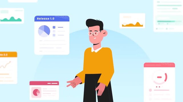 Business meeting with man and woman discussing ideas over coffee in animated flat design style.