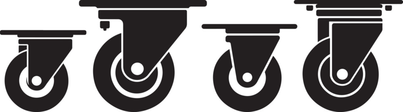 Four black caster wheels of varying sizes in silhouette