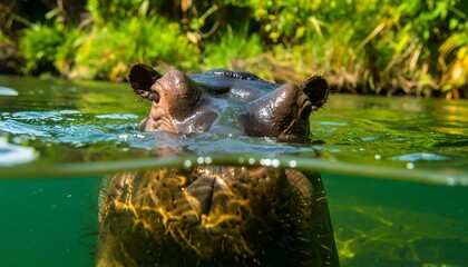 Hippopotamus immersed in water, with sun-dappled hide visible below the surface