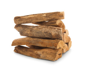 Pile of cut firewood isolated on white