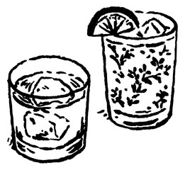 Illustration of cocktail glasses with lemon and ice cubes