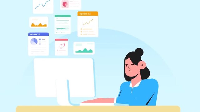 Animated woman coding on computer, modern software developer programming and technology concept.