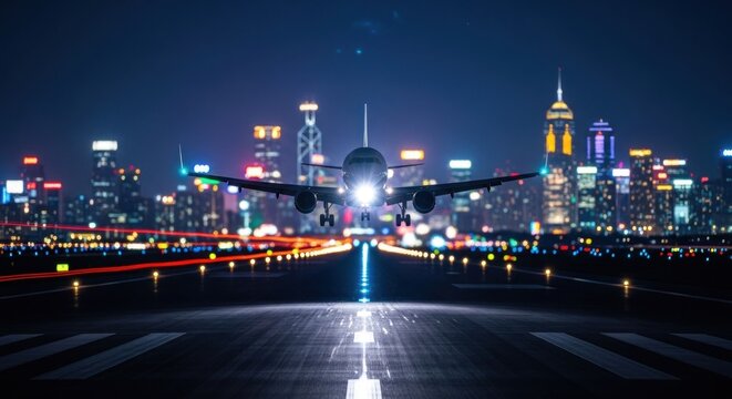 Airplane taking off at night with a city skyline blurred in the background