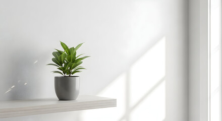 Fototapeta premium Indoor plant in a white ceramic pot, placed on a minimalistic wooden table, with sunlight entering the room
