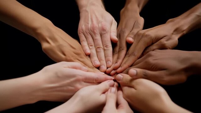 Diverse multiracial hands coming together in unity