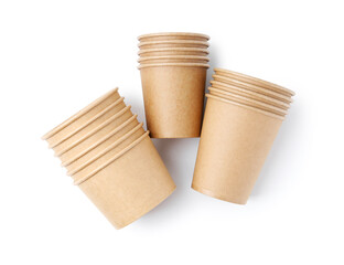 Set of disposable cups isolated on white, top view