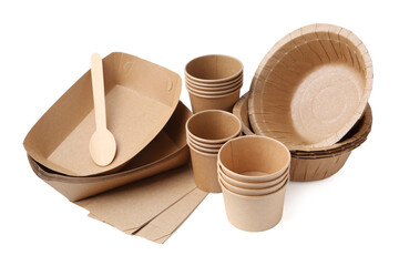 Set of disposable tableware isolated on white