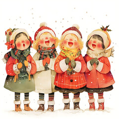 Four cheerful vintage style children wearing warm winter clothing and hats smiling and holding hands in a festive holiday scene