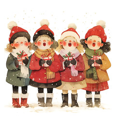 Four charming vintage style christmas dolls dressed in winter clothing holding gifts and looking festive against a white background