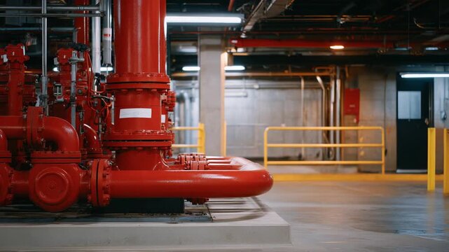 Capture the intricate details of red fire suppression systems with coiled pipes and pumps, enhanced by industrial lighting for dramatic highlights and shadows.