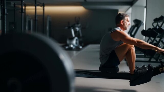 Mature man training back on rowing machine