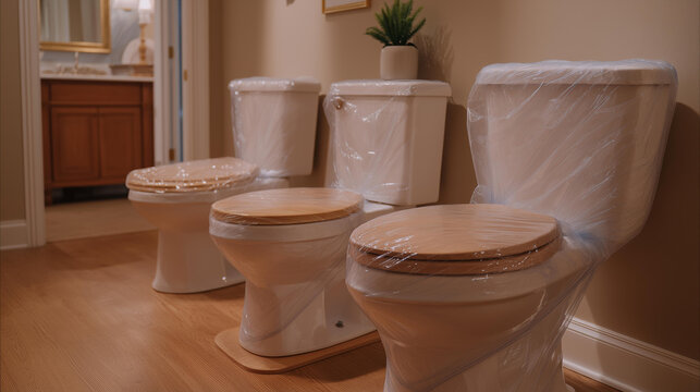 Toilets wrapped in protective coverings during a bathroom renovation emphasize construction safety interior design upgrades plumbing replacement and the careful balance between