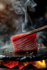Seared tuna slice with chopsticks