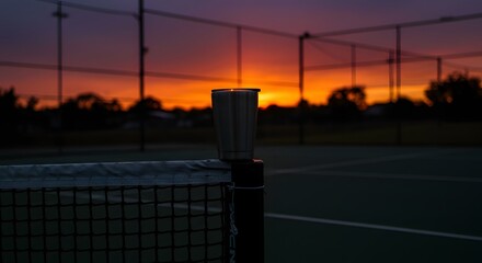 Tennis, Tennisschläger und Tennisball am Tennisplatz, tennis court. A tennis court silhouetted against a vibrant sunset sky, with the net in focus.