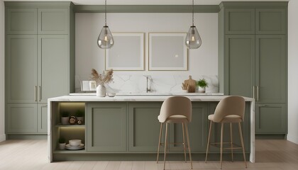 Sage Green Hadley Kitchen Island Design Modern Cabinets Storage Barstools Lighting Home Decor