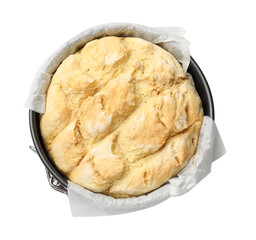 Freshly baked cornbread in cake pan isolated on white, top view
