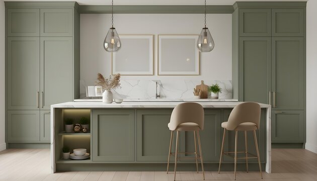 Sage Green Hadley Kitchen Island Design Modern Cabinets Storage Barstools Lighting Home Decor