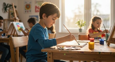 Creative class for kids classroom setting activity bright environment focused viewpoint