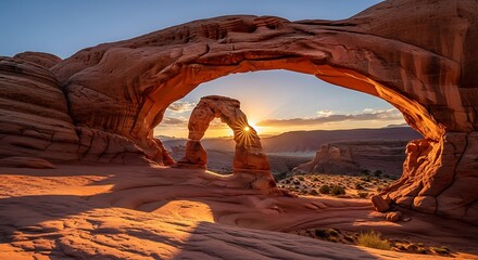 Delicate arch in arches national park at sunset with sunburst effect