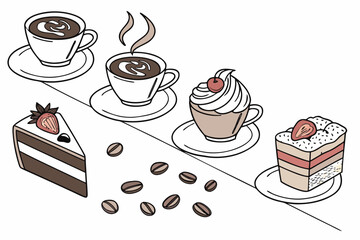 Coffee and cake. Collection of hand-drawn vector illustrations featuring coffee cups, slices of cake, and whole coffee beans