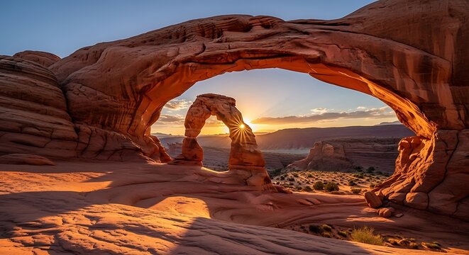 Delicate arch in arches national park at sunset with sunburst effect