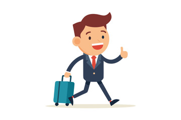 Cartoon Businessman Walking with Suitcase, Giving Thumbs Up Gesture and Smiling Happily