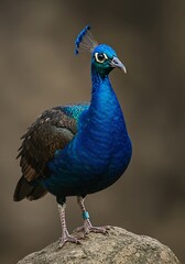 Obraz premium Stunning vibrant peacock standing proudly on rock with beautiful blue plumage and feathers