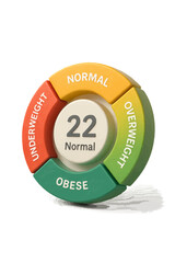 Angled 3D BMI dial with pointer — segmented categories and numeric scale; fitness assessment vector for health dashboards and print