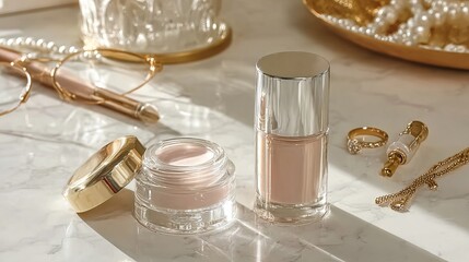 Elegant makeup products and gold jewelry displayed on a marble surface with soft natural lighting.