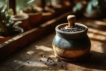 Bamboo spice grinder symbolizing sustainable kitchen essentials high resolution picture