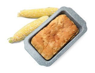 Freshly baked cornbread loaf and cobs isolated on white, top view
