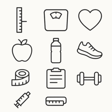 Health and fitness outline icons &mdash; scale, ruler, heart, apple, water bottle, sneaker, tape measure, clipboard, syringe, dumbbell (vector set)