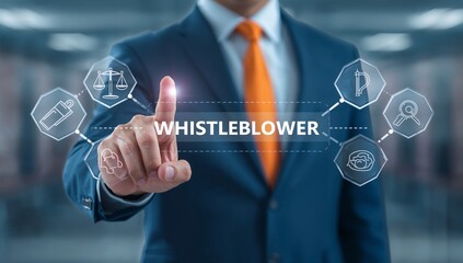 Man using virtual touch screen presses word: WHISTLEBLOWER. Business whistleblower the misconduct inside person to illegally disclose information to public concept