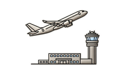 Isolated aircraft taking off from airport with control tower in a cartoon illustration