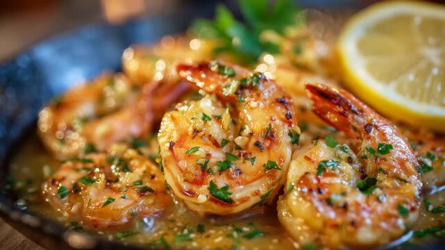 Mouthwatering macro shot of shrimp scampi in garlic butter sauce, garnished with fresh parsley and lemon wedges.