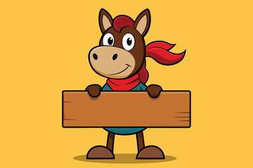 Cartoon Horse with Red Scarf Holding a Wooden Sign on Yellow Background