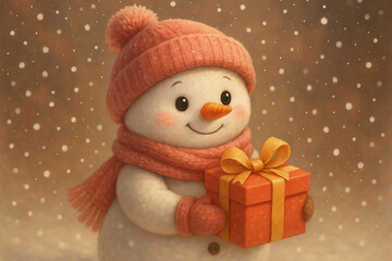 Snowman's Gift: a Cute snowman, donning a cozy winter hat and scarf, tenderly holds a vibrantly wrapped present, embodying the season's joy amidst a gentle snowfall.